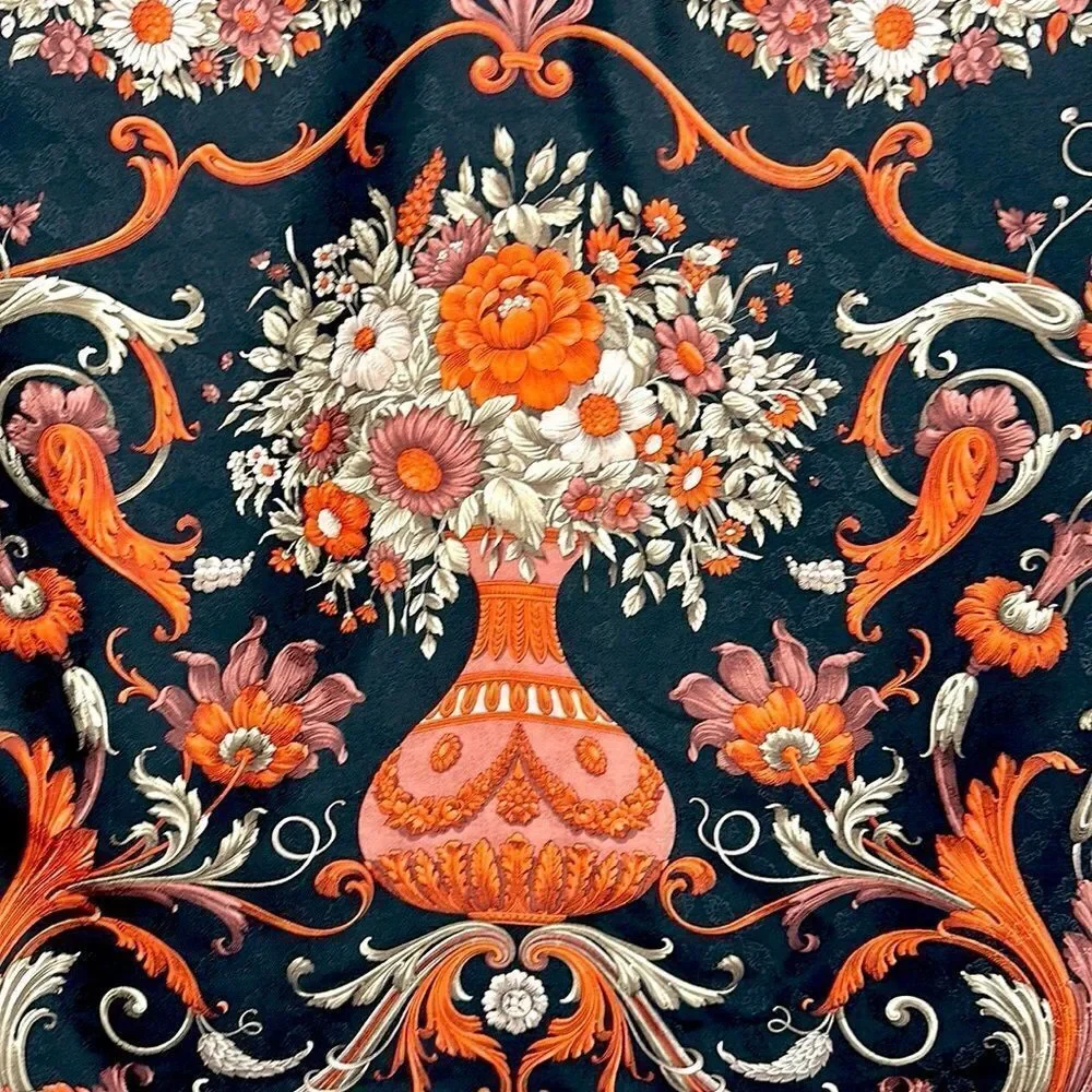 Marina D’Este Silk Scarf Black Burnt Orange Floral Hand Rolled